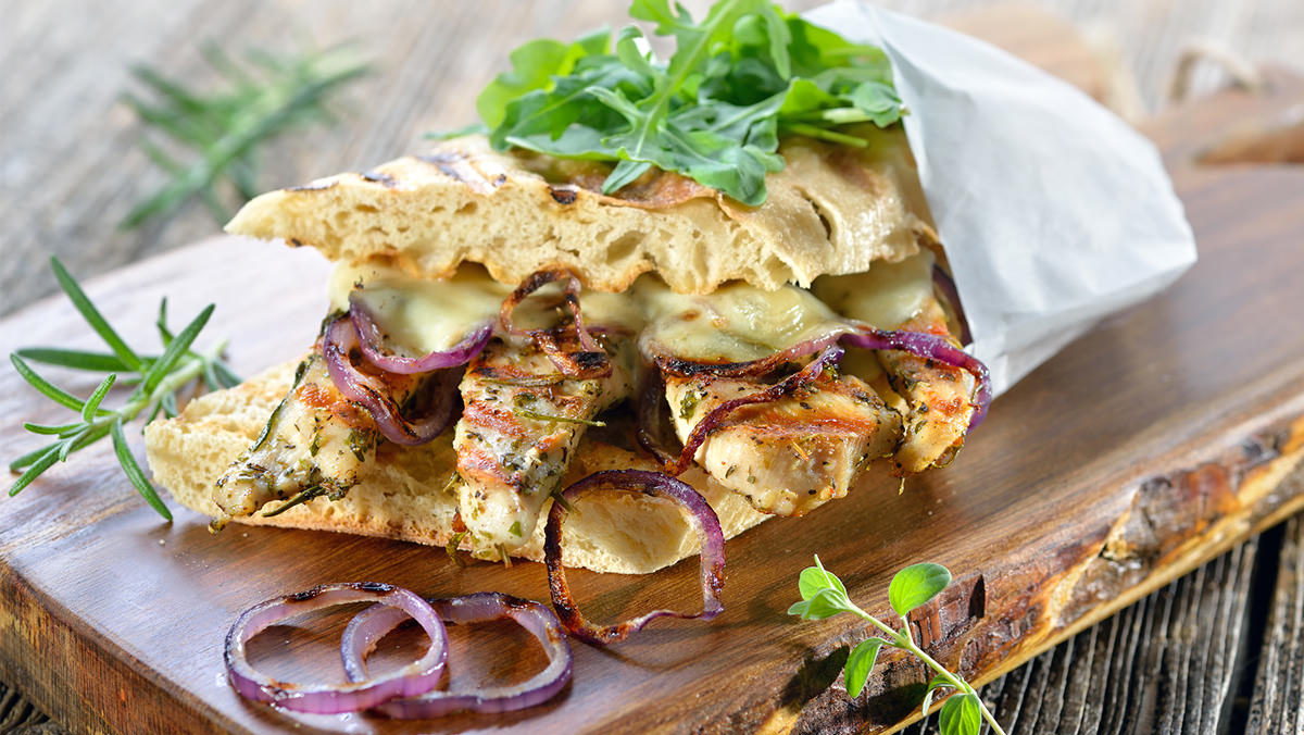 Chicken Panini with Red Wine Vinaigrette is made with Marie’s Red Wine Vinaigrette.