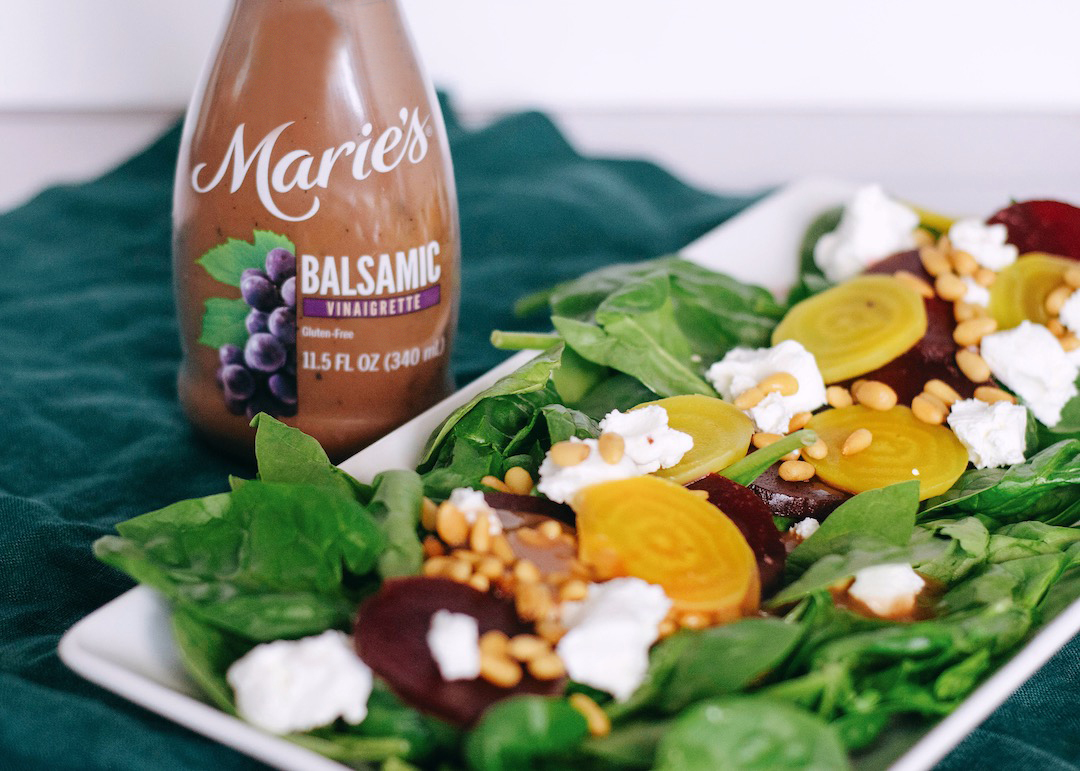 Balsamic Beet Goat Cheese Salad is made with Marie’s Balsamic Vinaigrette.