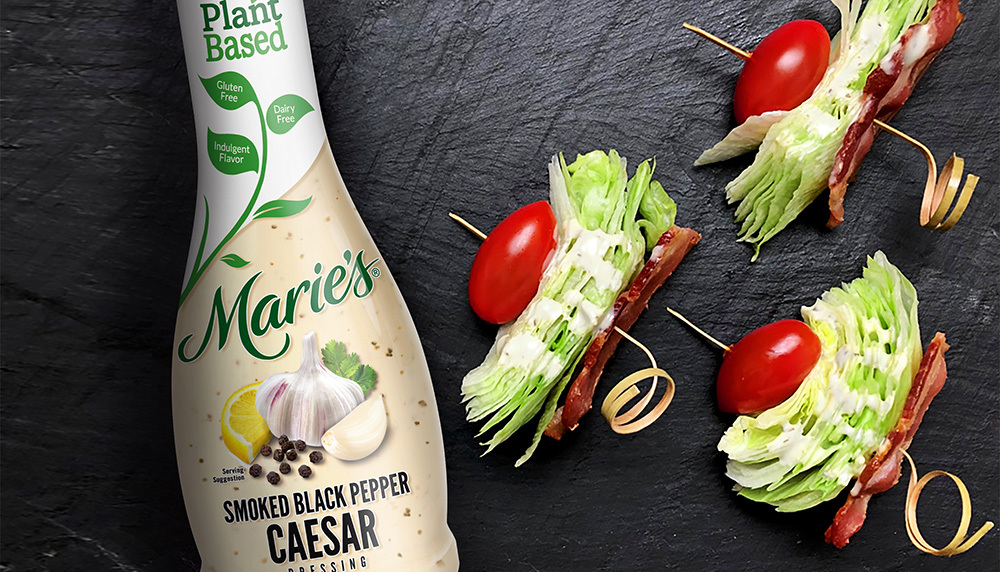 Caesar Skewers made with Marie’s Plant-based Smoked Black Pepper Caesar Dressing.